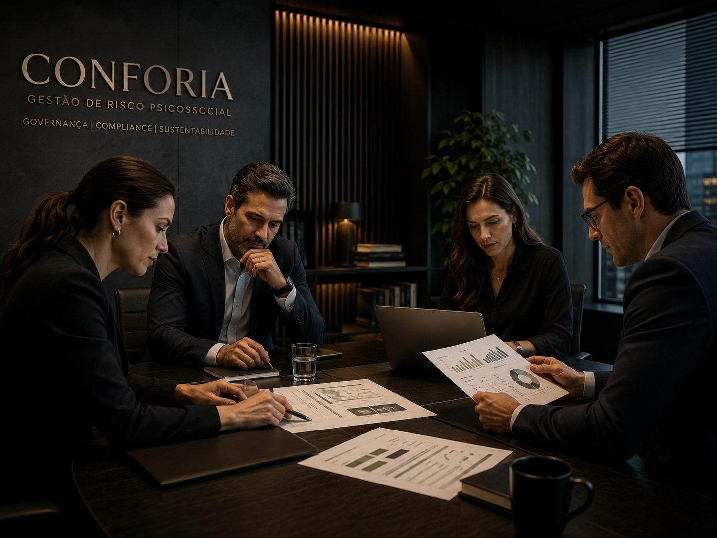 Reunião executiva sobre gestão de risco psicossocial, governança e auditoria NR-1